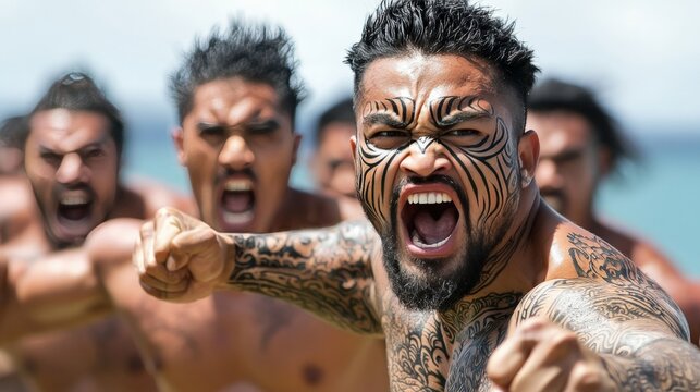 A group of Maori warriors performing the Haka, their faces fiercely tattooed with intricate moko, standing on a green hilltop with the Pacific Ocean behind them