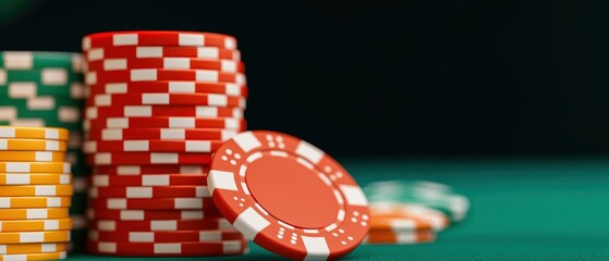 Naklejka premium Colorful Casino Chips on a Green Felt Table