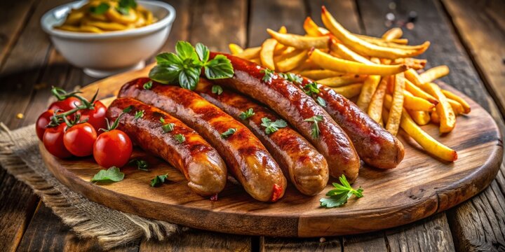 Mouthwatering Merguez sausages paired with crispy fries, beautifully presented on a rustic wooden table, illuminated by