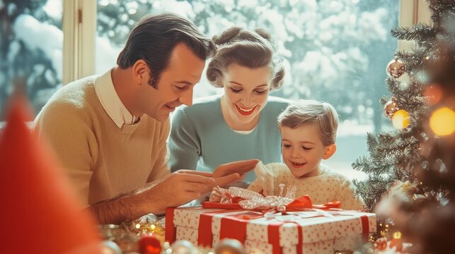 Retro Christmas Photo card of 50s 60s, Vintage Christmas photo with people and retro Christmas decorations of 50s, retro photo of family Christmas.