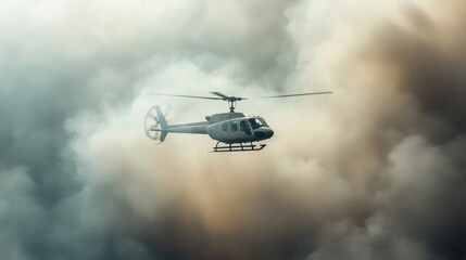 Helicopter maneuvering through dense smoke, showcasing its vital presence and functionality in critical emergency scenarios.