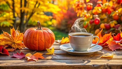 Nestled among colorful fall leaves, a bright pumpkin sits beside a steaming cup of coffee on a wooden