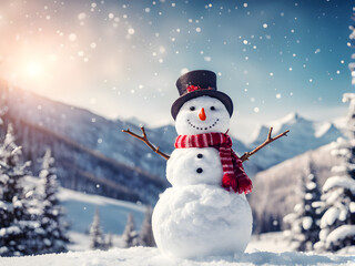 Fototapeta premium Merry christmas and happy new year greeting card with copy-space.Happy snowman standing in christmas landscape.Snow background.Winter fairytale