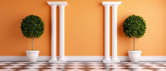 Fototapeta premium Elegant Interior with Pillars and Green Topiary Plants