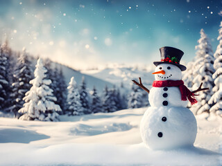 Merry christmas and happy new year greeting card with copy-space.Happy snowman standing in christmas landscape.Snow background.Winter fairytale
