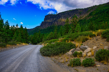 2024-09-12 A GRAVEL ROAD RUNNING ALONG A LARGE ROCK WALL LINED WITH EVERGREEN TREES AND A NICE BLUE SKY WITH SOME CLOUDS IN BEND OREGON