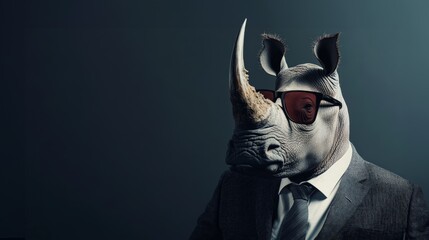 Naklejka premium Surreal image of a person in a suit wearing a rhino mask, blending human and animal elements in a creative and thought-provoking manner.