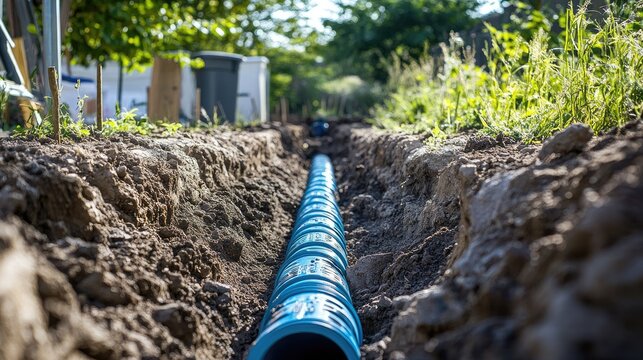 PVC pipes in a trench at a summer cottage, demonstrating proper plumbing installation for efficient water supply.