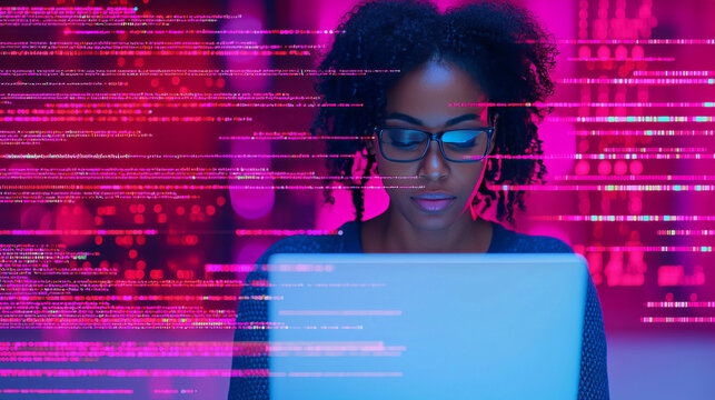 Focused woman coding in a neon lit room.