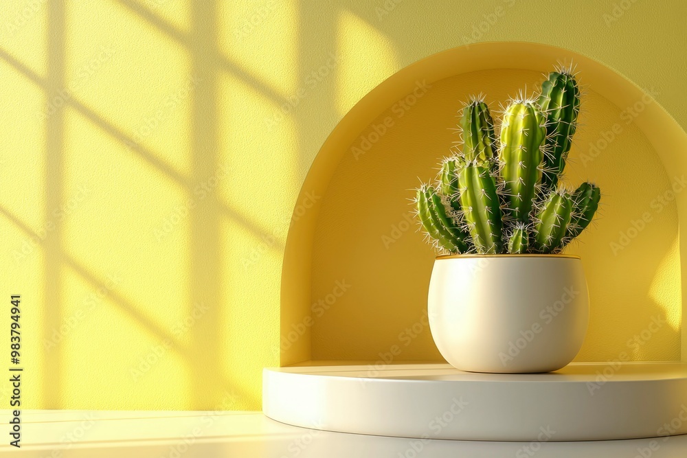 Sticker Cactus Plant in a White Pot on a Yellow Wall with a Rounded Niche