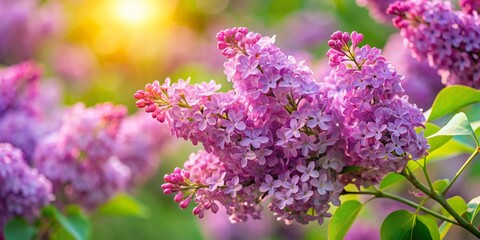 Fototapeta premium Purple lilac bush in bloom with vibrant, delicate blossoms against a soft backdrop