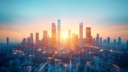 A stunning skyline at sunrise, showcasing modern skyscrapers and a vibrant atmosphere with warm golden hues.