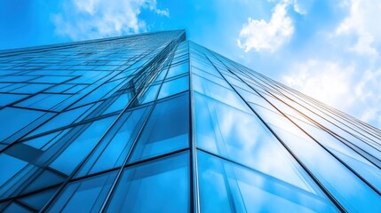 A towering office building stands against a bright blue sky, offering a sleek backdrop with space for copy in business contexts