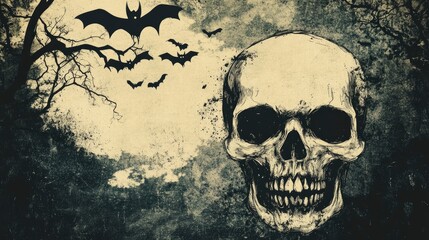 Fototapeta premium Vintage Halloween background featuring a menacing skull design with creepy bats flying overhead in a dark, eerie atmosphere