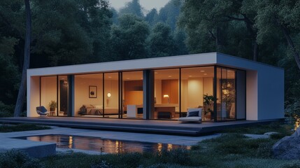 Fototapeta premium A minimalist modular cube home with a seamless white exterior and recessed doorways