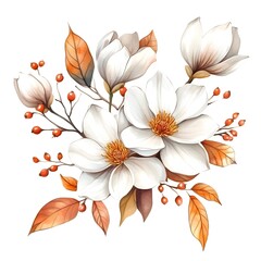 Fototapeta premium Watercolor floral bouquet, autumn color palette with white magnolia flowers and berries,