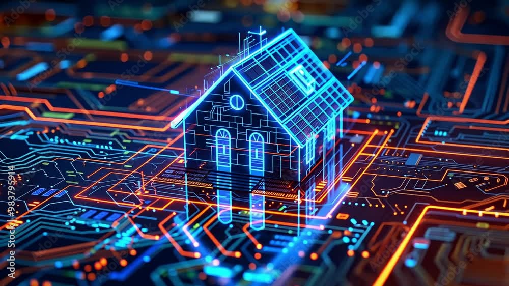 Leinwandbilder a house is digitally rendered on a circuit board, surrounded by glowing neon lines that symbolize th