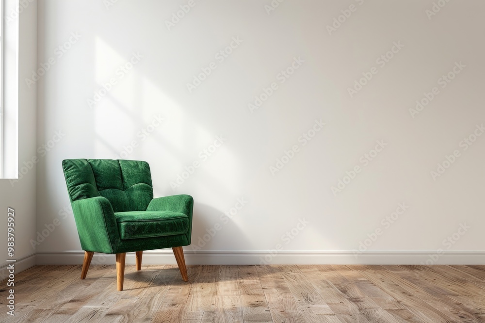 Poster Living room style minimal with green armchair on empty white wall background-