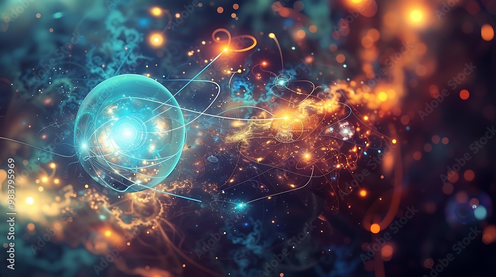 Sticker abstract sphere with glowing lines floats within a colorful, cosmic landscape.