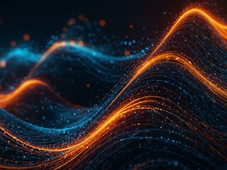Abstract waves with glowing particles in blue and orange.