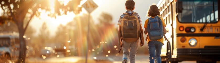 Fototapeta premium Kids Walking to School Bus at Sunset