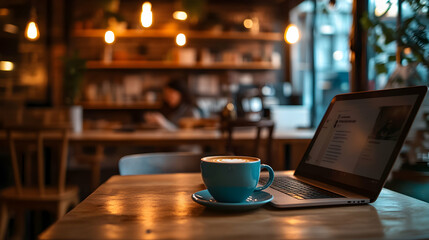A cozy café scene features a laptop and a steaming cup of coffee on a wooden table, creating a warm and inviting atmosphere.
