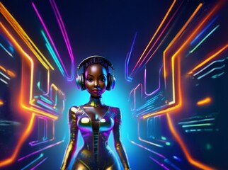 A woman in a shimmering metallic suit with headphones stands before a neon-lit background.