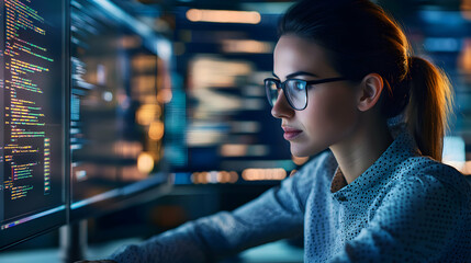 A focused woman with glasses works intently at a computer, analyzing code in a dimly lit, high-tech environment.