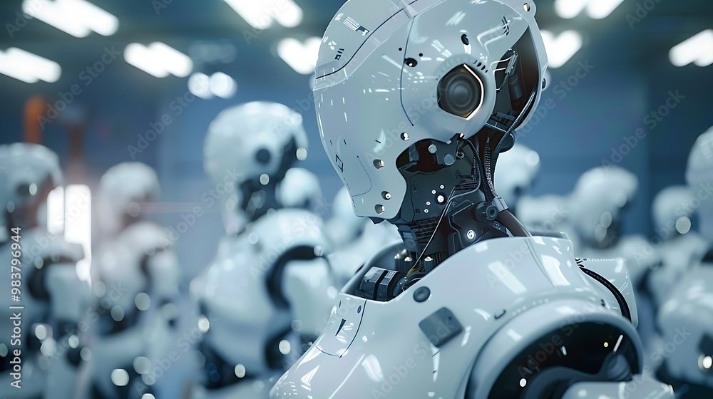Poster humanoid robots stand lined up in a factory. the robots are white and shiny, with intricate details 