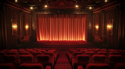 Empty Vintage Theater Interior with Red Curtains and Seats - Classic Cinema with Elegant Ambiance
