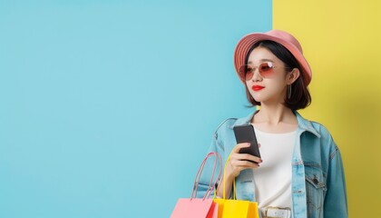 Happy young woman with shopping bags and smartphone on colorful background