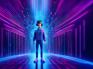 Fototapeta premium A 3D animated character, wearing headphones, stands on a glowing platform surrounded by neon lights.