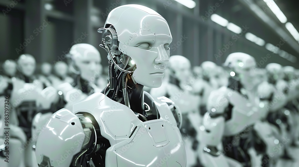 Poster close-up of a row of robots in a factory setting, highlighting the advanced technology and design of