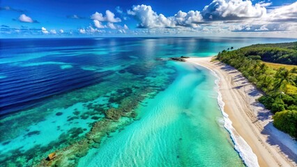 Fototapeta premium An aerial view of a pristine beach with crystal clear blue waters on World Ocean Day, world ocean day