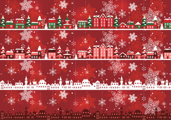 クリスマスラインセット、街並み、雪の結晶、赤