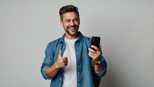 Happy delighted satisfied adult man looking at mobile phone screen gesturing yes thumb up winning pose, isolated background. Overjoyed excited guy make gesture read message about happy good news