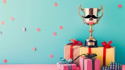 Father's day celebration background with gift boxes, mustache decoration, and trophy symbolizing appreciation, perfect for holiday-themed designs, festive marketing campaigns, and heartwarming family 