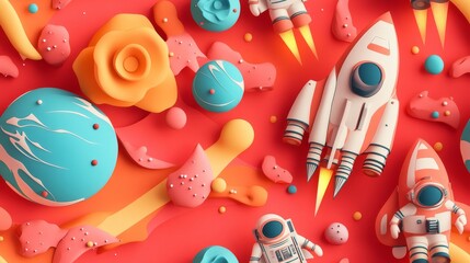 Seamless Colorful Space Adventure with Rocket and Astronauts