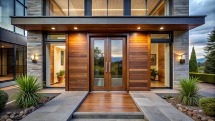 Fototapeta premium Sliding glass doors, wood panelling and large windows combine to create a warm and airy feel, opening up