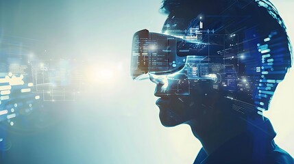 Person wearing VR headset with immersive experience and futuristic interface for virtual reality interaction and technological advancement metaverse concept.
