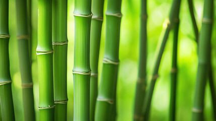 Fototapeta premium Green bamboo stems close-up, natural forest background, peaceful and vibrant scene