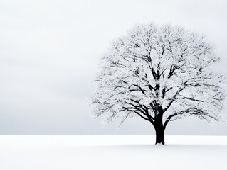 A lone tree draped in snow, standing in a silent winter landscape, with a soft blanket of snow covering the ground