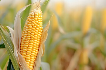 A stalk of corn is in the foreground of a field of corn. The stalk is tall and has a large ear of corn on it