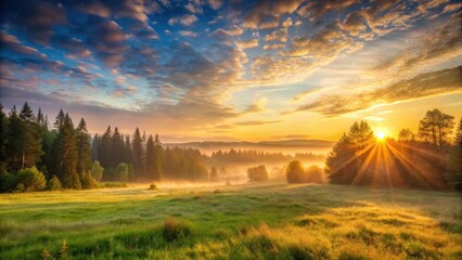 Obraz premium Landscape depicting sunrise over forest, meadow, and sun , sunrise, landscape, forest, meadow, sun, dawn, nature, morning