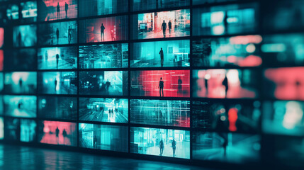 Wall of screens displaying surveillance footage