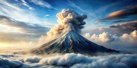 Active volcano mountain peak surrounded by clouds or smoke