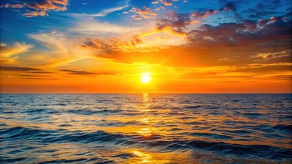 Obraz premium Sun setting on the horizon casting a warm glow over the ocean , sunset, horizon, sun, dusk, orange, sky, evening, nature