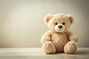 Fototapeta premium Adorable asymmetrical teddy bear with blank space on gentle light background