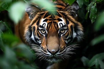 A majestic tiger stalking through the jungle, its powerful form blending with the shadows of the dense foliage