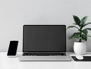 Fototapeta premium Laptop on desk, classic view of a computer on the table with mouse, smart phone and green plant in the pot
